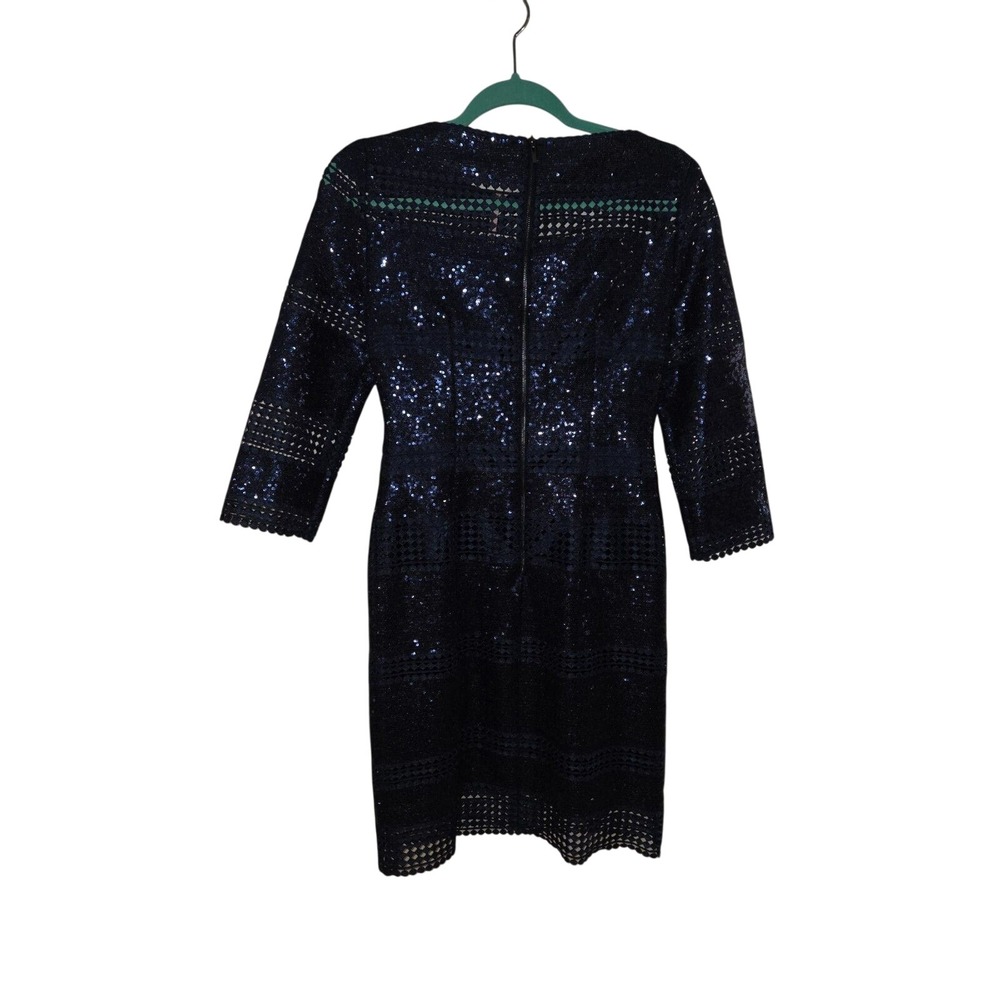 Alex Marie Abigail Sequin Lace Dress Midnight Navy Blue 3/4 Sleeve Sheath 2 - Picture 2 of 4